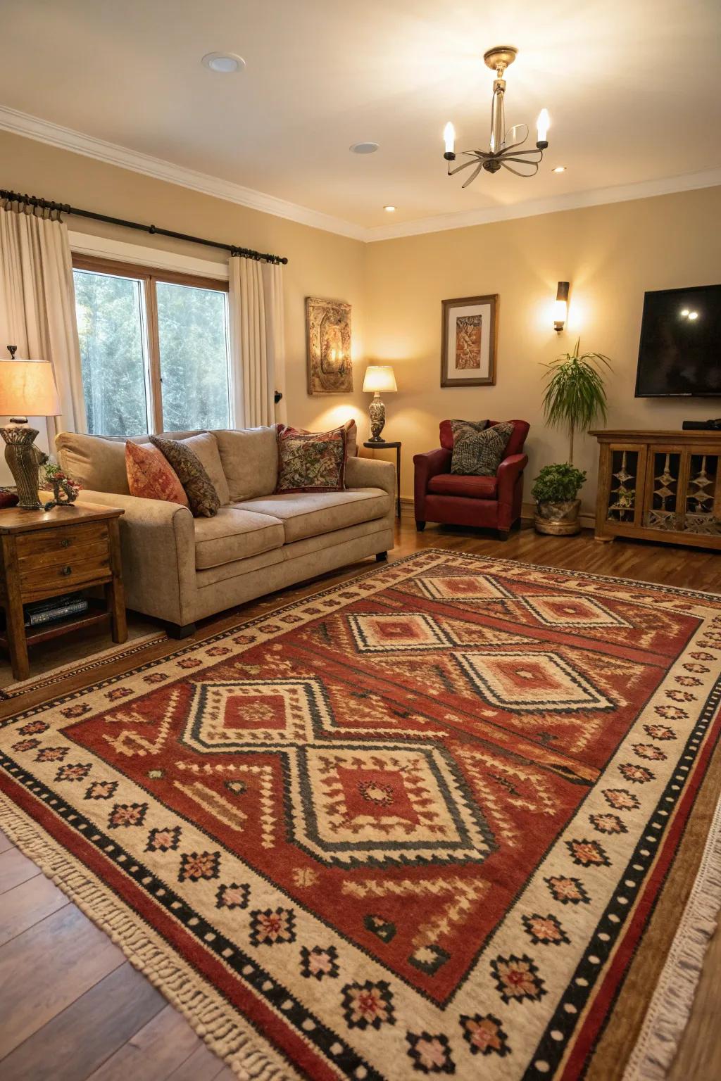 A statement floor covering that anchors and characterizes the living room.