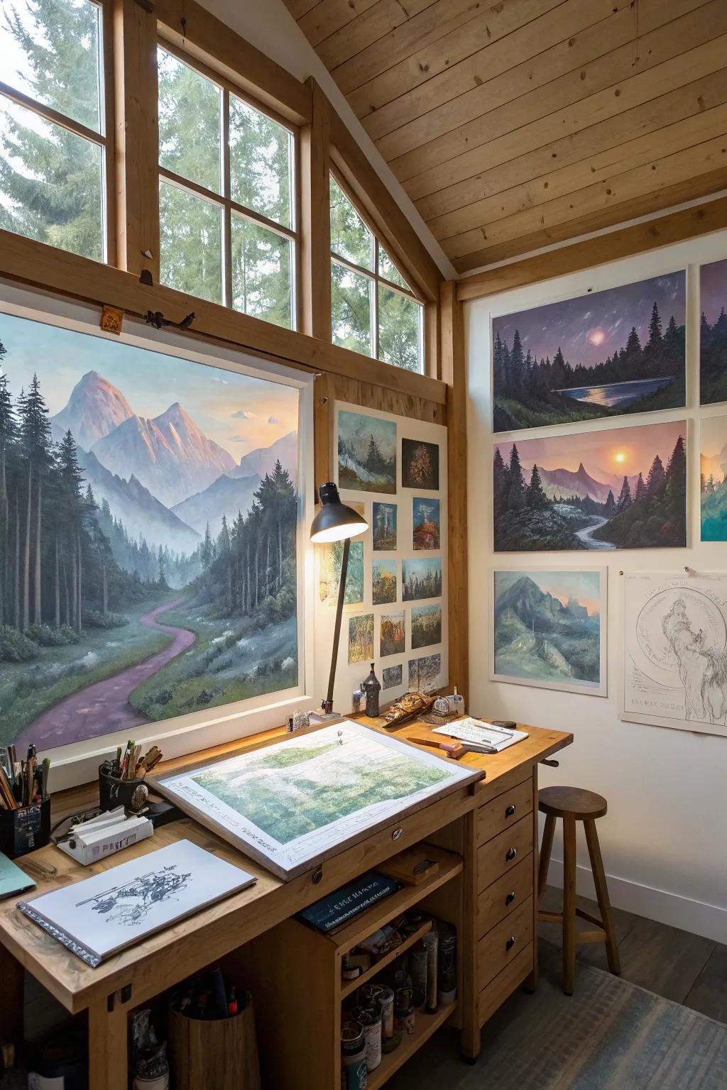 Dreamlike scenes ignite creative feelings in an artist's workspace.