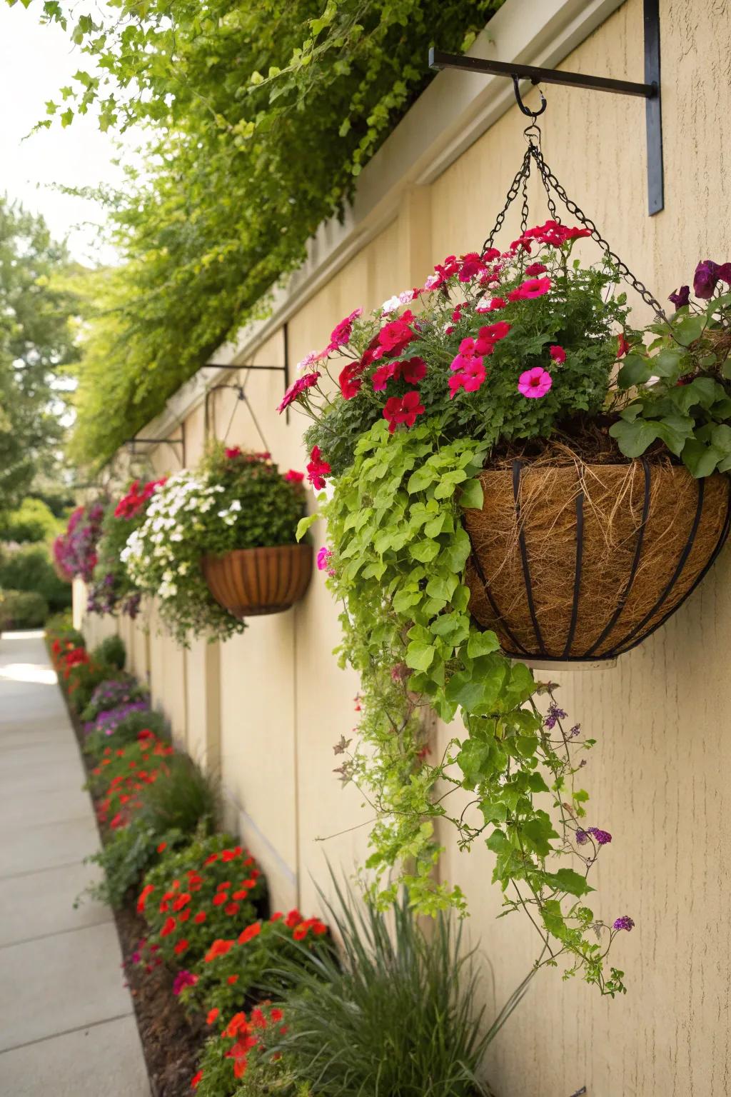 Suspended baskets introduce elevated interest and lushness to your garden.