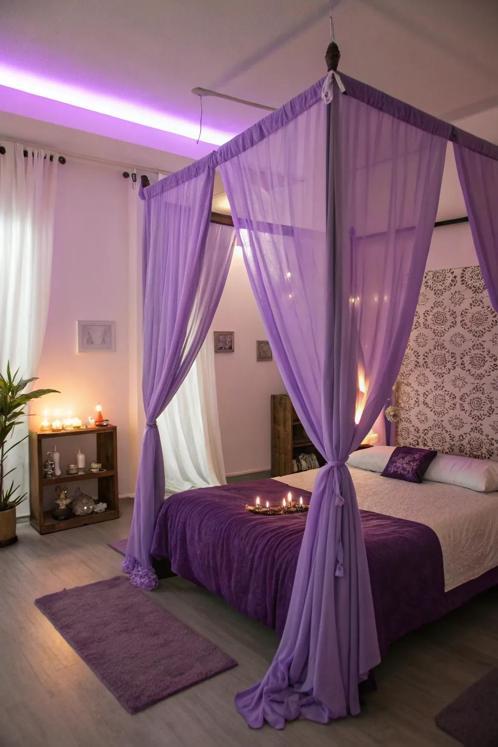 A canopy bed with purple drapes creating a dreamy escape.