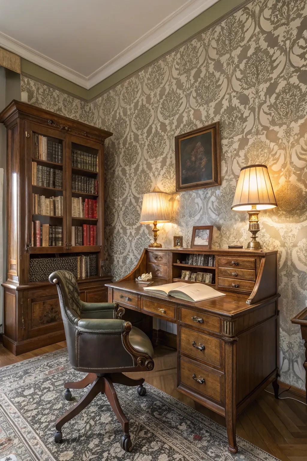A study space with vintage damask wall covering, evoking a classic and elegant feel.