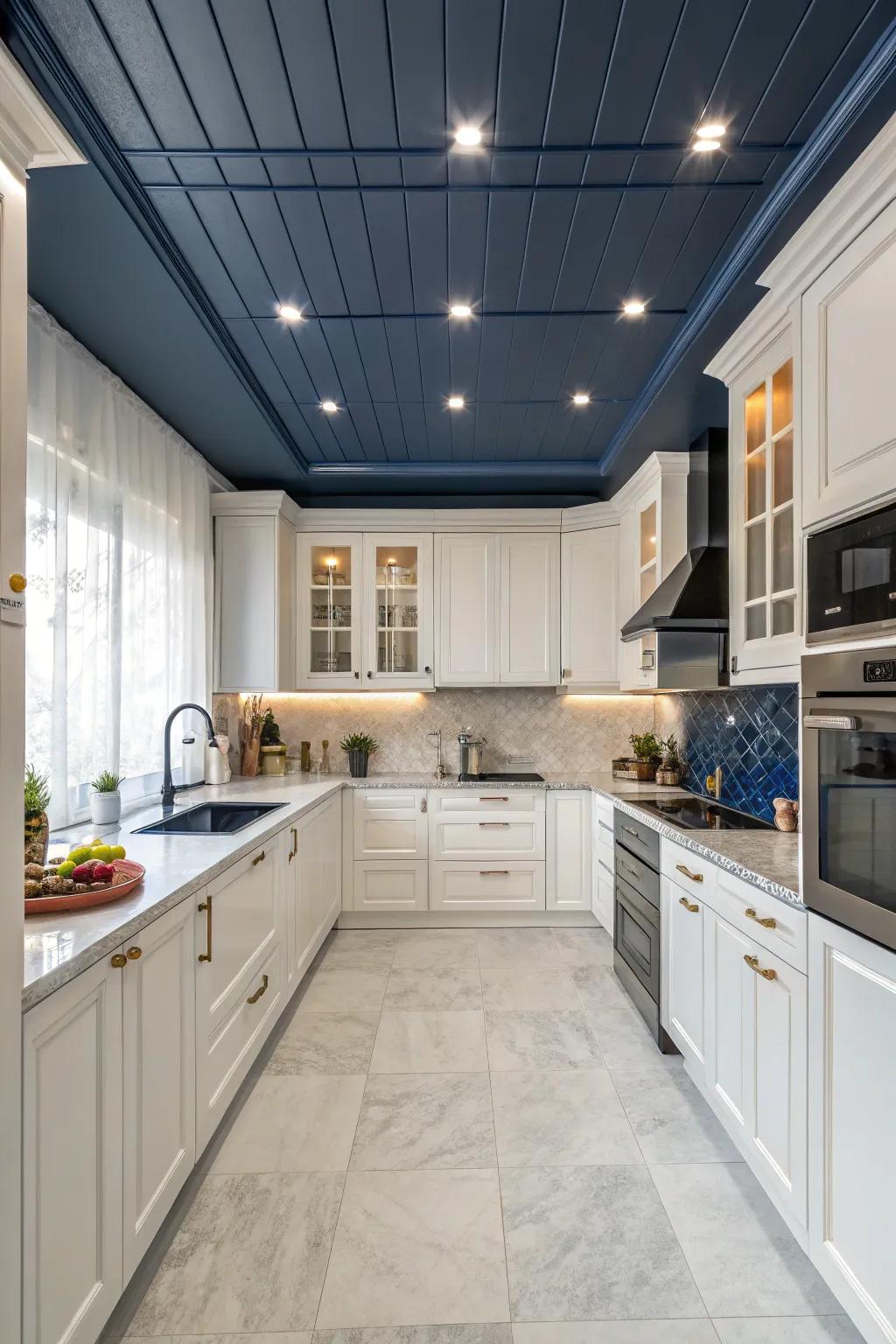 A culinary area exhibiting striking contrast from a deeply shaded cerulean overhead.