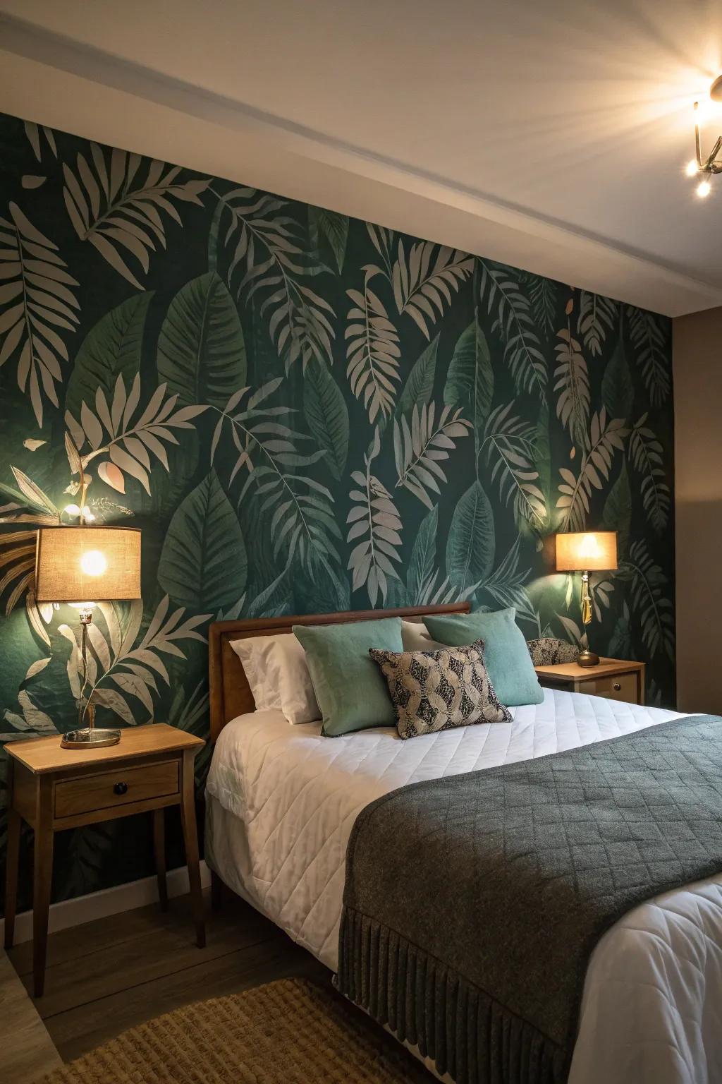 A bedroom with shadowy jade foliage-adorned wall covering composing a natural ambiance.