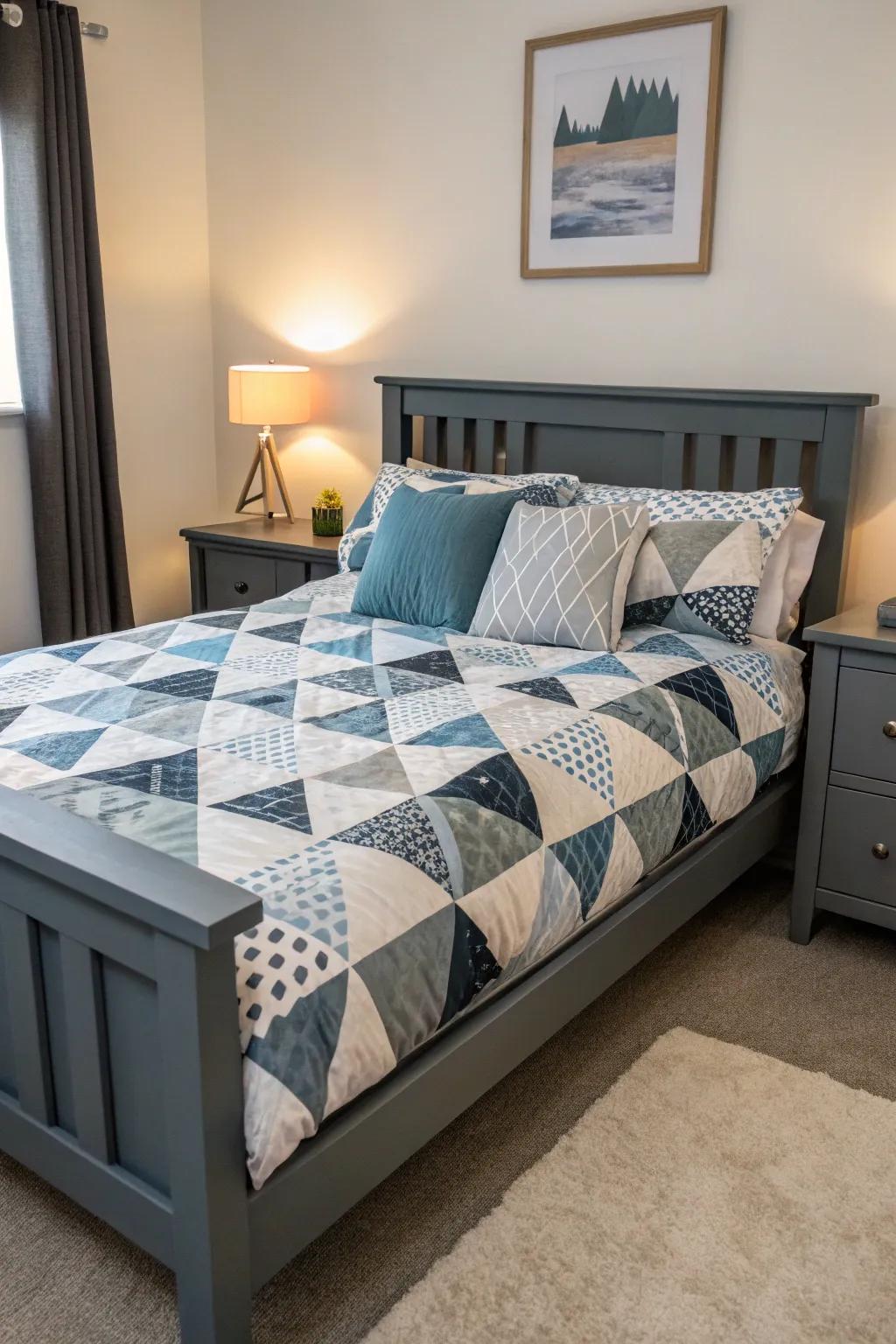 Symmetrical motifs bring a modern twist to a grey-themed bedroom.