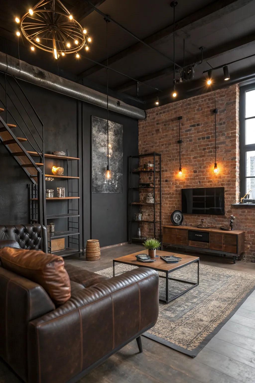A factory touch living space featuring urban chic decor.