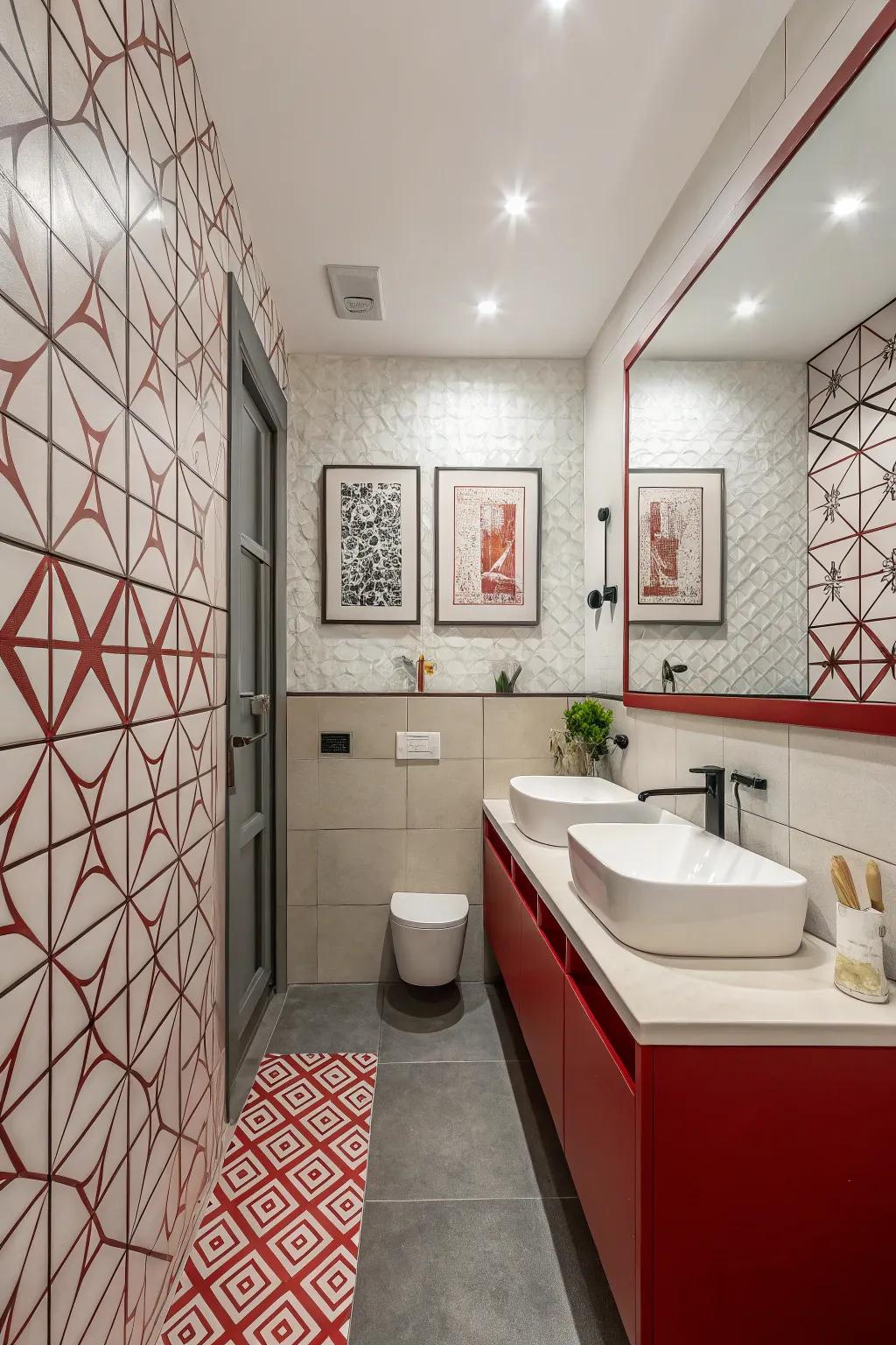 Contemporary crimson accents append a contemporary impression to the restroom.