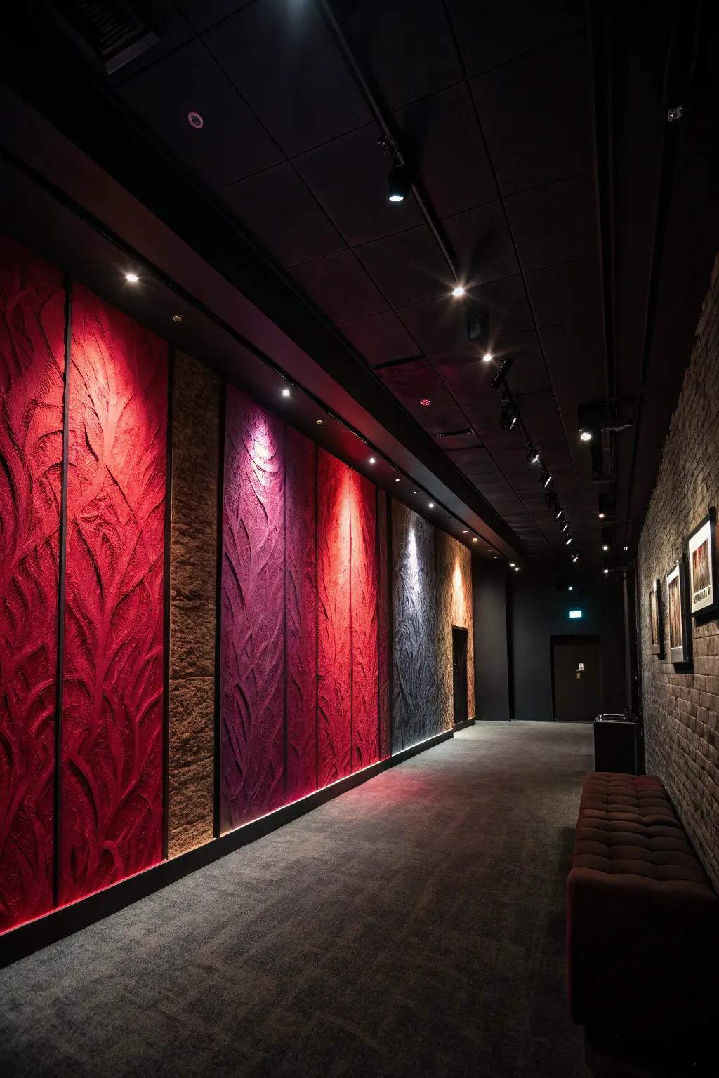 A dimly lit room showcasing a bold, highlighted wall.