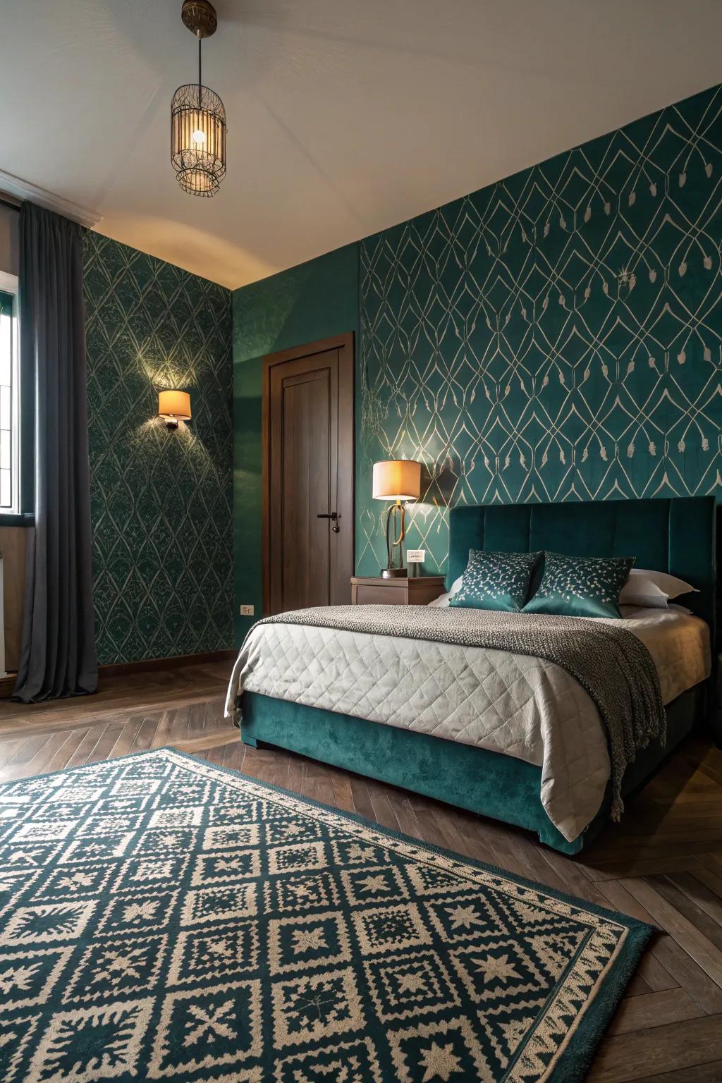 Patterns instill dynamic energy within a teal space.