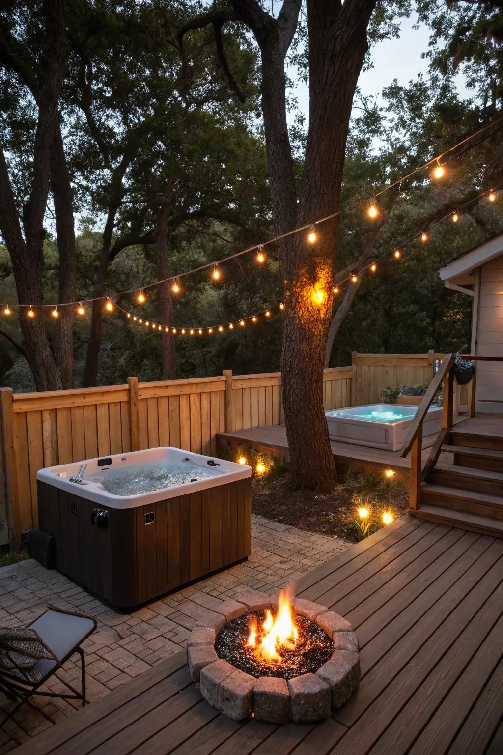 Merge the soothing essence of water and fire with a hot tub and fire pit ensemble.