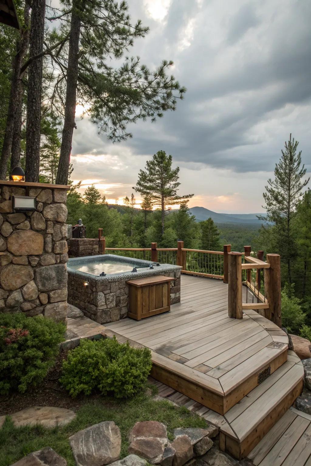 Country elements bring a natural feel to the hot tub deck.