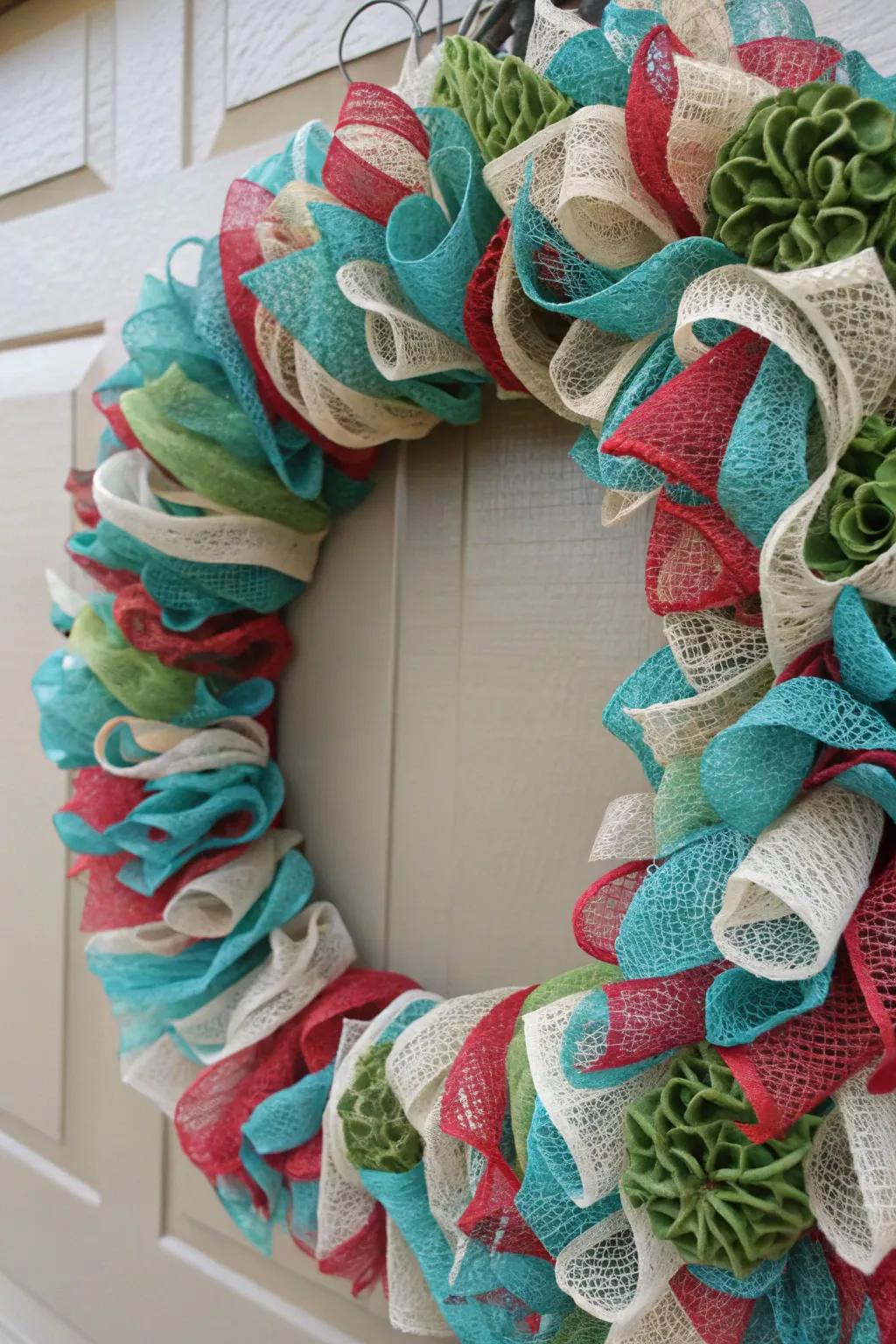 Repurposed materials fashion a chic and sustainable wreath design.