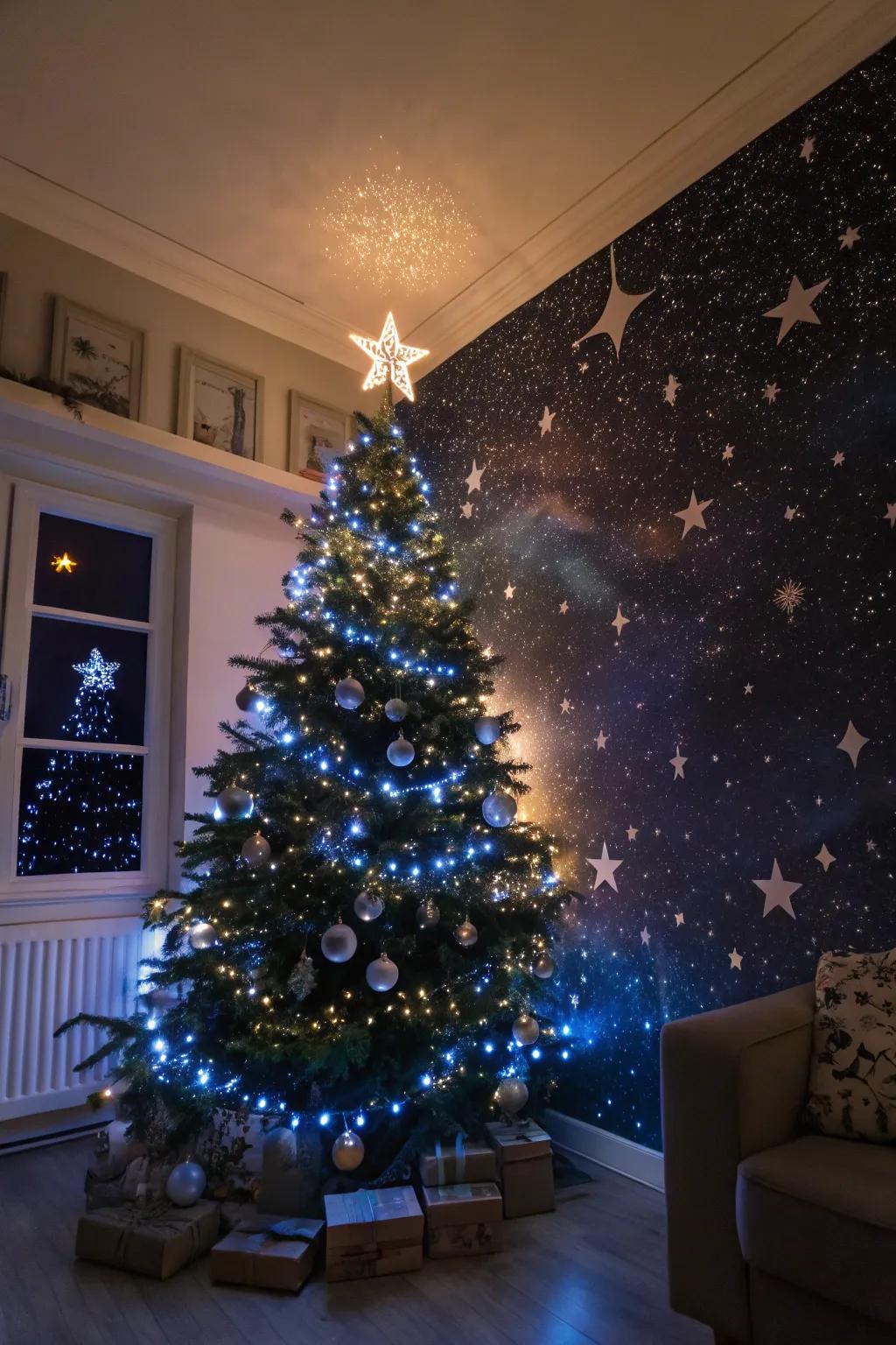 A starlit evening-themed Christmas tree showcasing scintillating illumination and stellar embellishments.