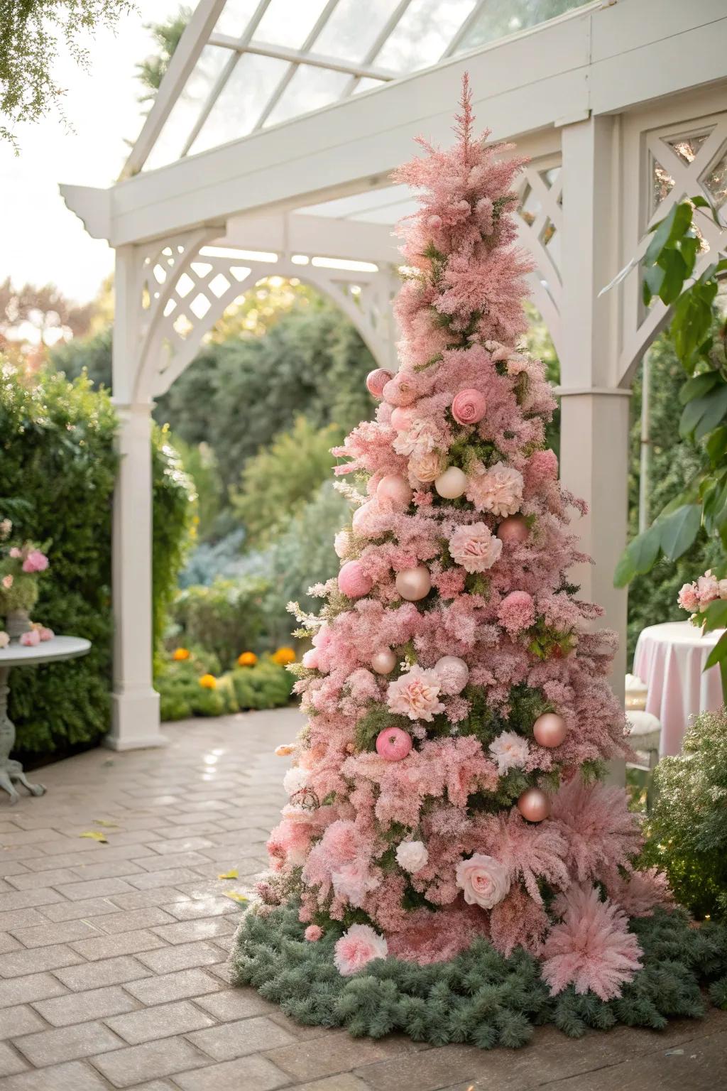 A romantic rose-colored tree embellished with blush simulated botanicals.