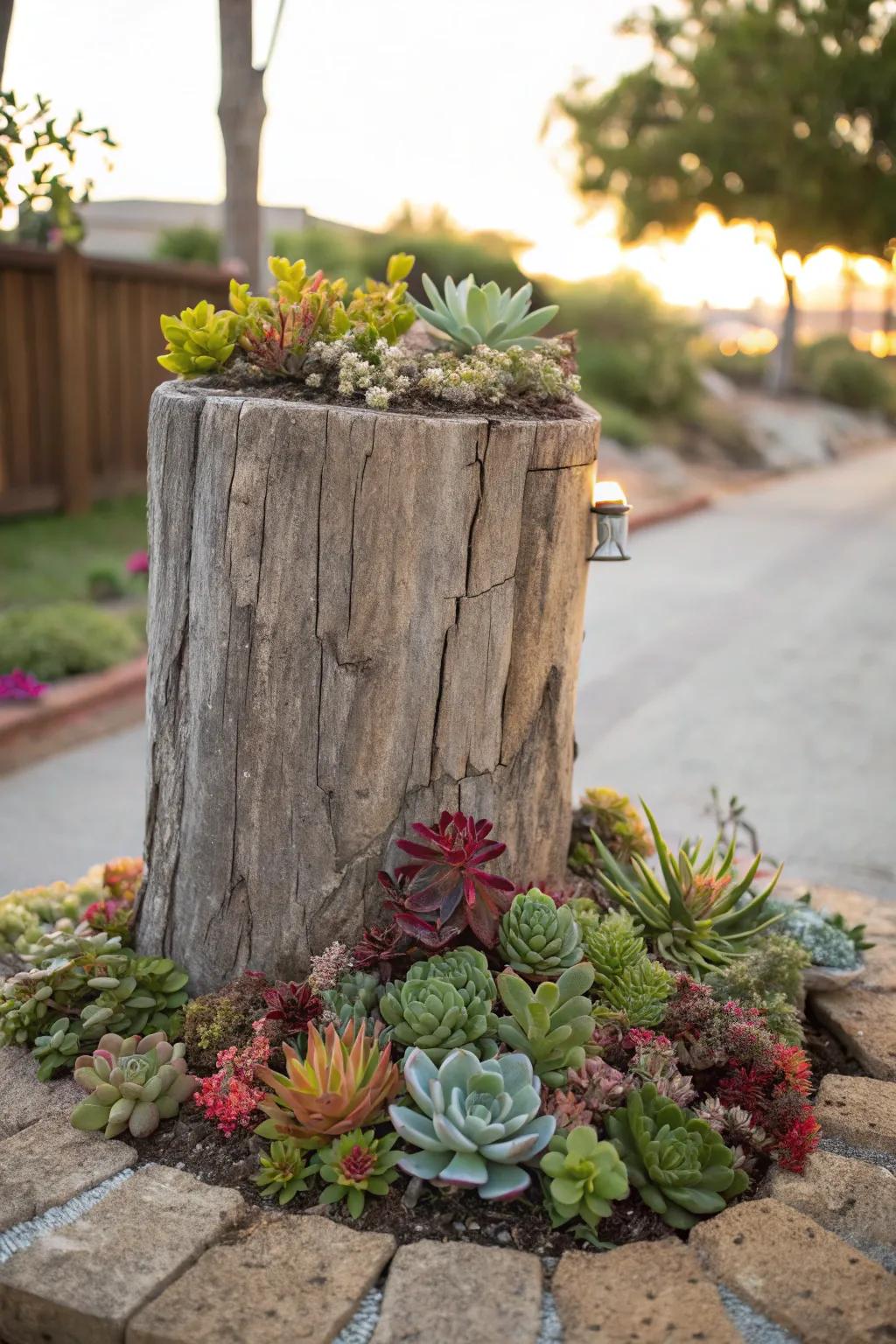 Establish a minimal upkeep succulent patch on a stump.