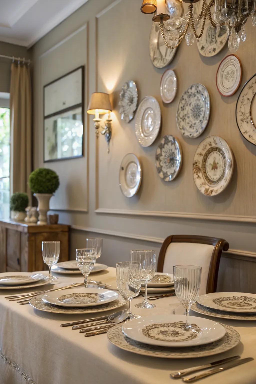 Plates enhancing the table arrangement elevate the dining space.