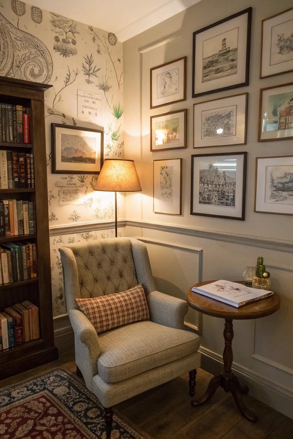 A reading nook enhanced with nostalgic-style sketches.