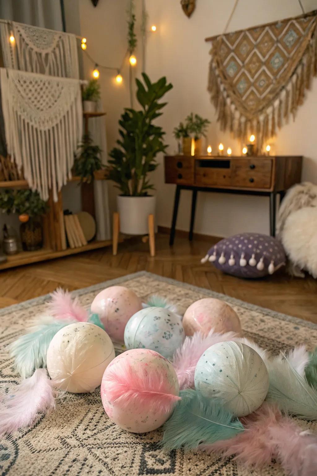 Plume-embellished orbs contributing a whimsical sensation