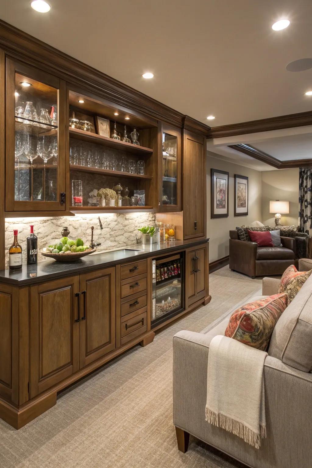 A personal bar adding a social dimension to the den.