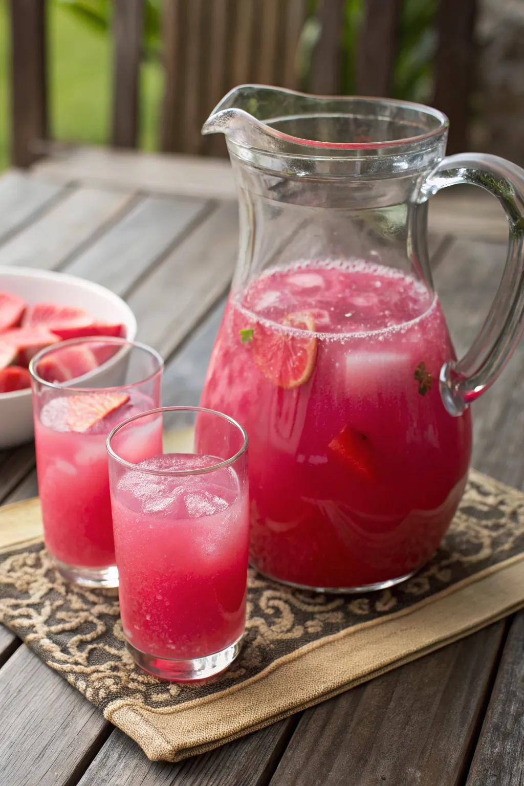 A carafe of thorny fruit draught with goblets brimming with radiant blush liquid.