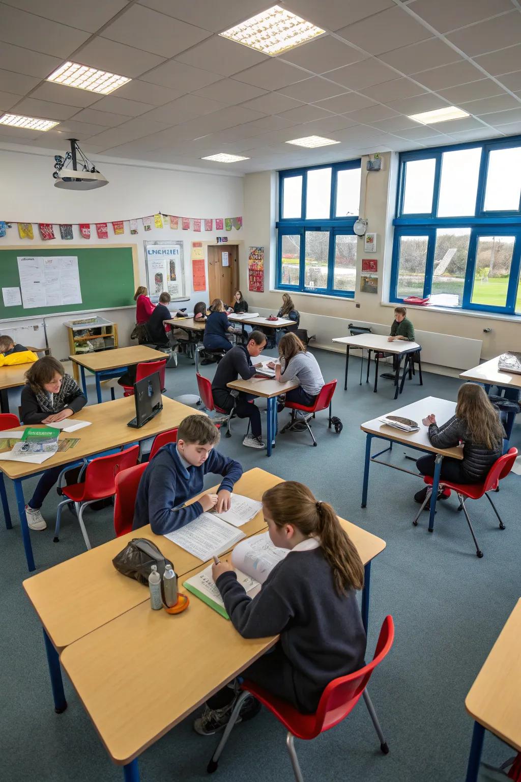 Double E desk configurations optimize space for collaborative classroom pursuits.
