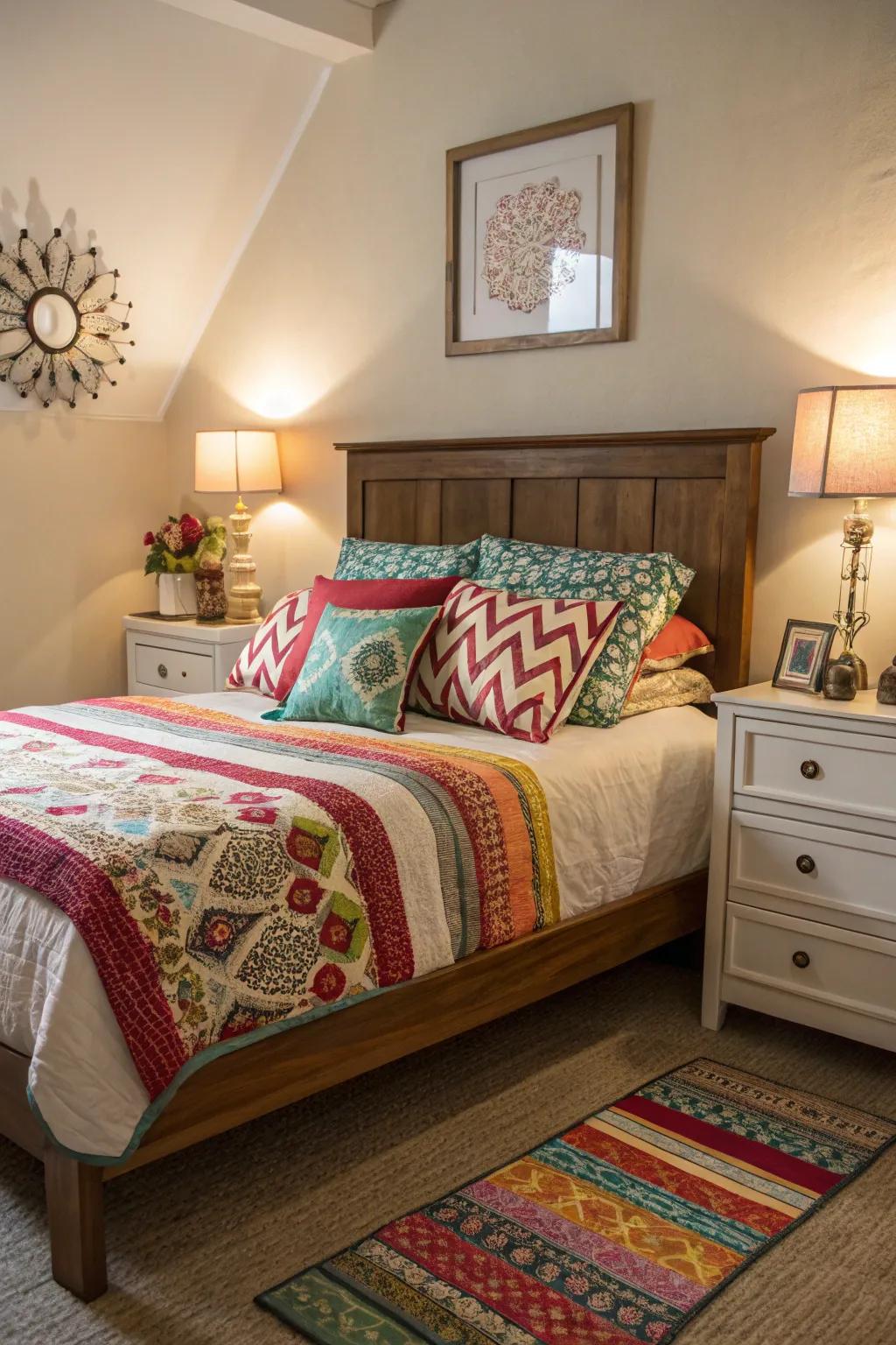 Complementary colors bring vibrancy to a bed arrangement at an angle.