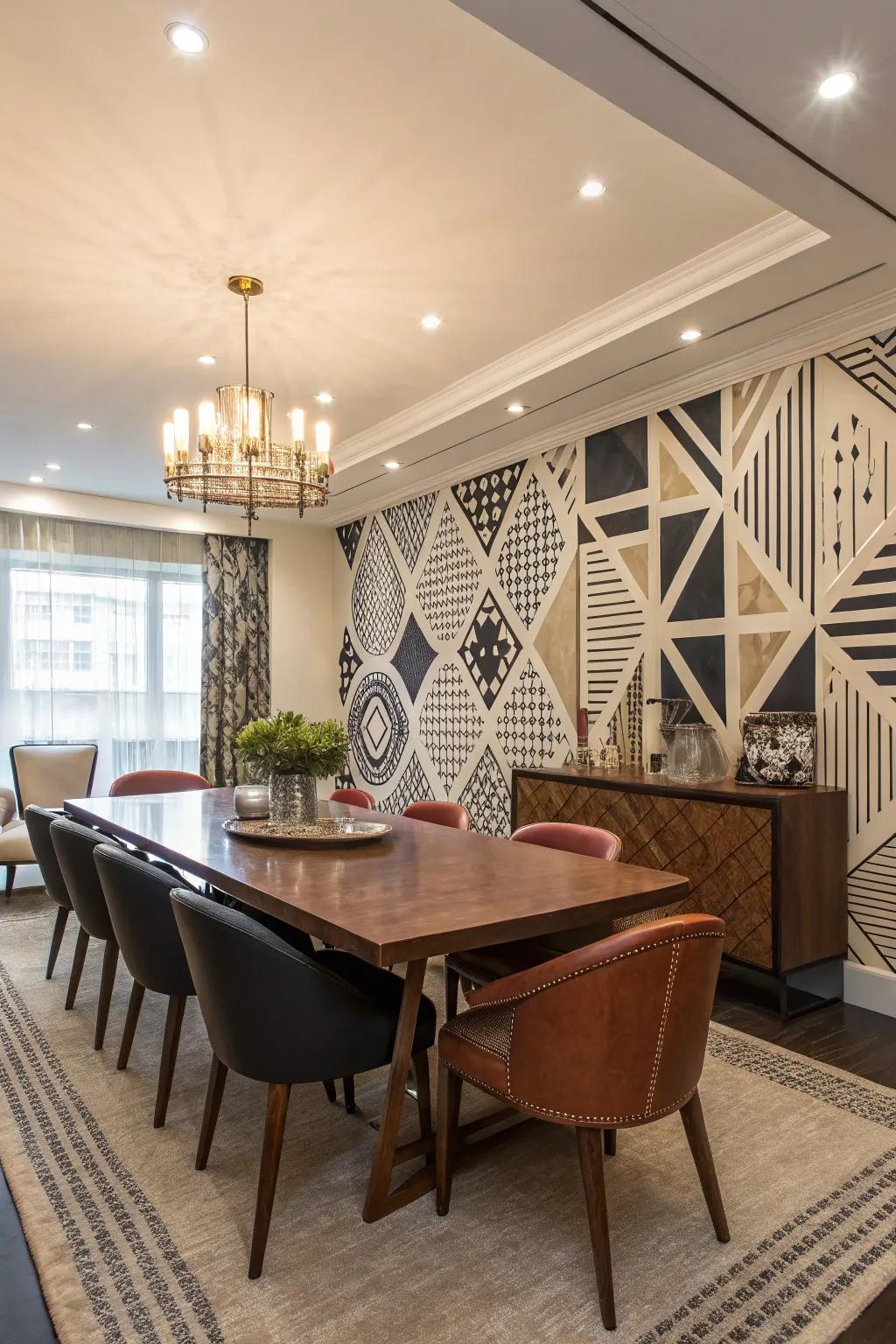 Graphical patterns deliver modern ambiance to dining walls.