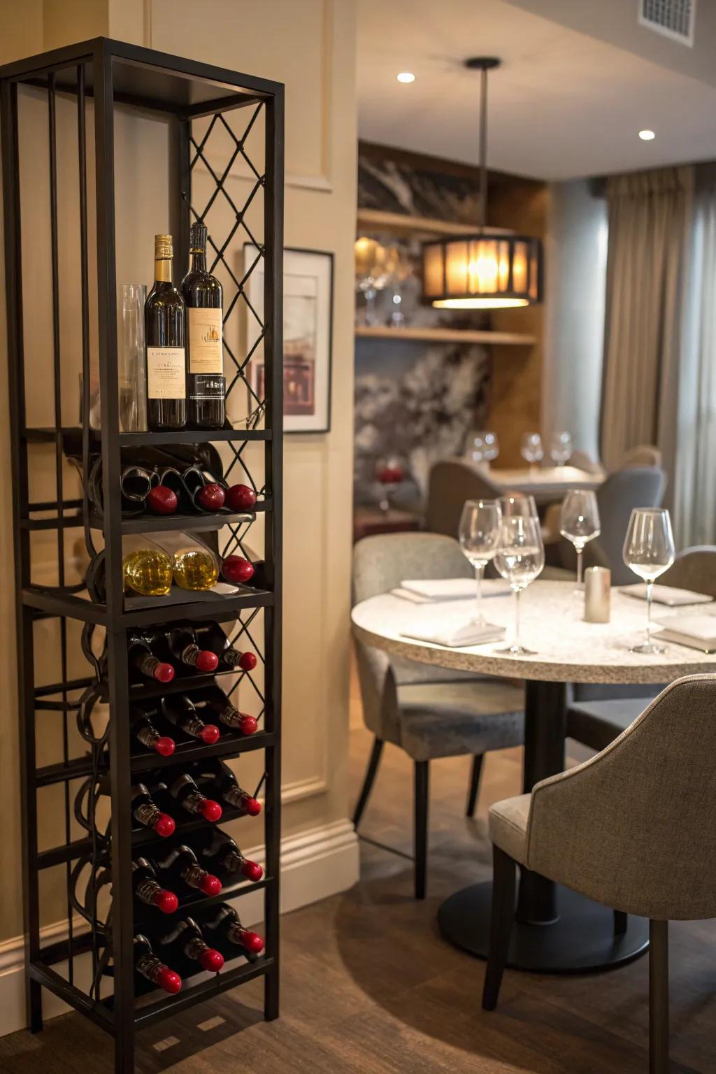 A wine rack adds elegance and accessibility to the dining room.