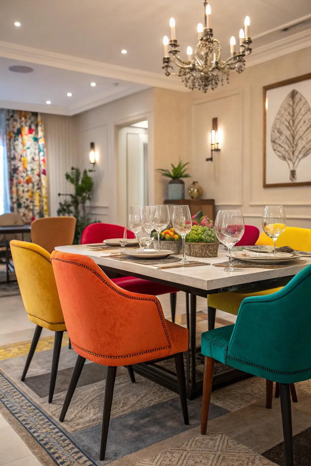 Vibrant colors in chairs and decor inject energy into the dining room.