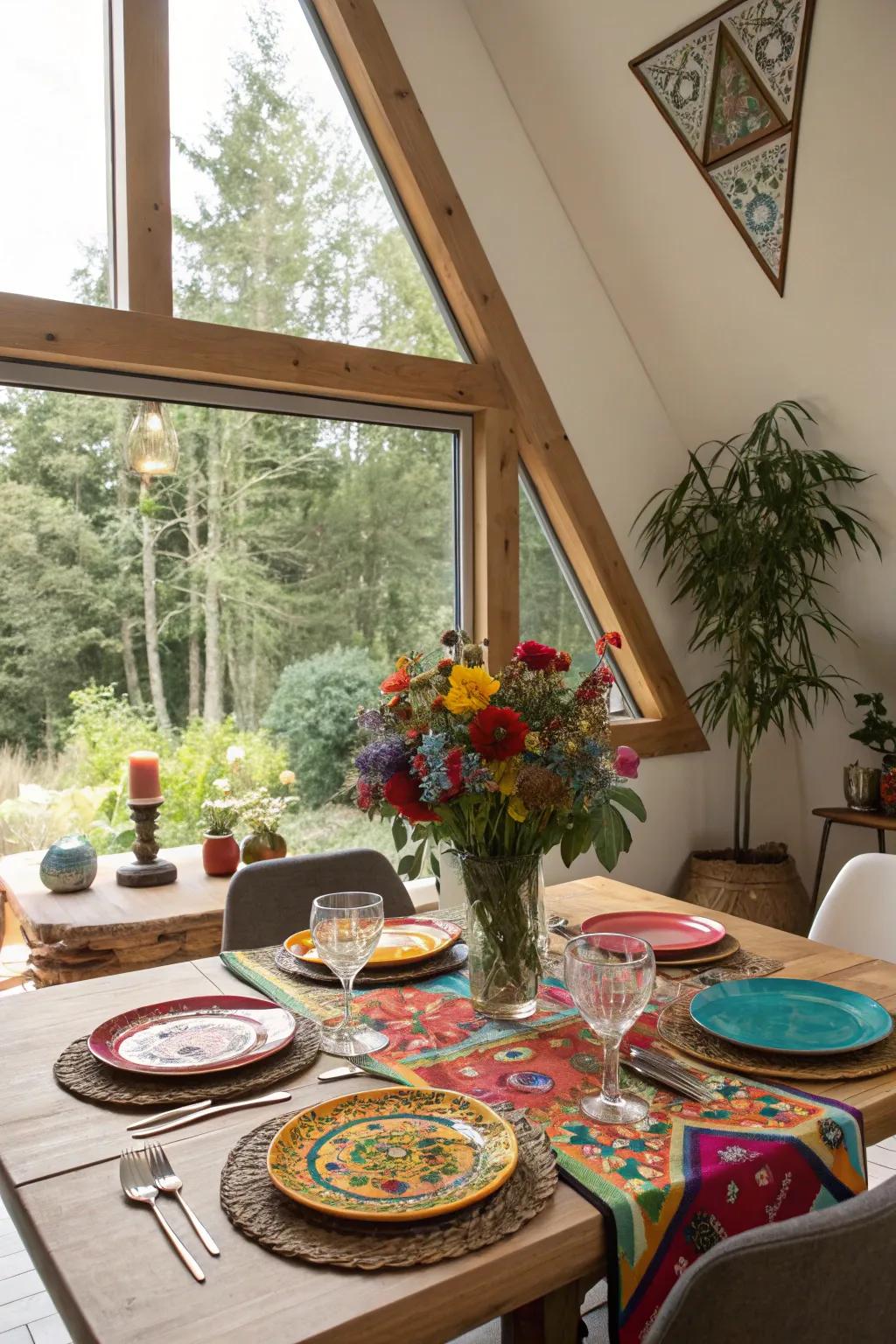 Odd window shapes lend a quirky touch to your dining area.