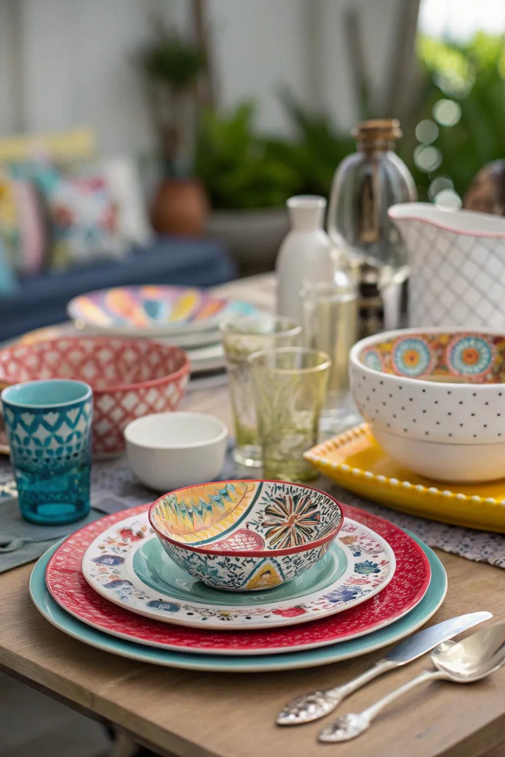 The mixing and matching of table settings begetting a spirited and inventive presentation.