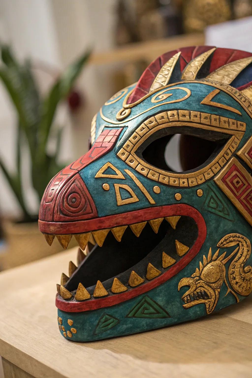 Unleash the mystery with tribal-inspired designs on your dino mask.