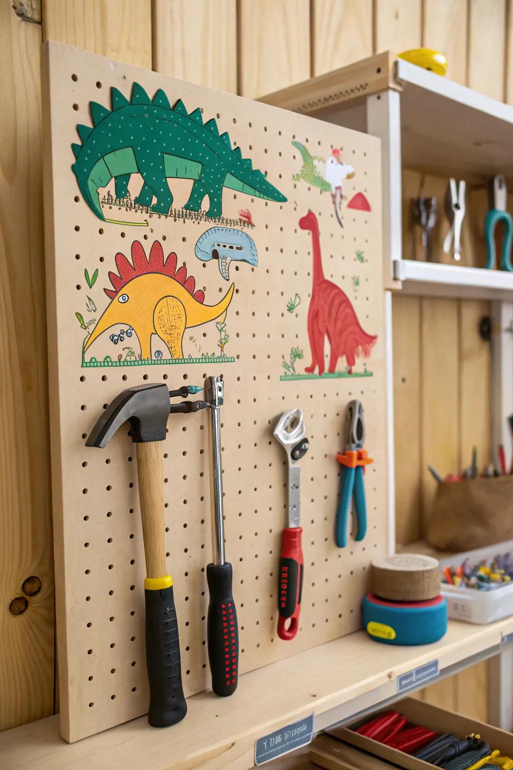 A dinosaur-themed pegboard retaining implements arranged.