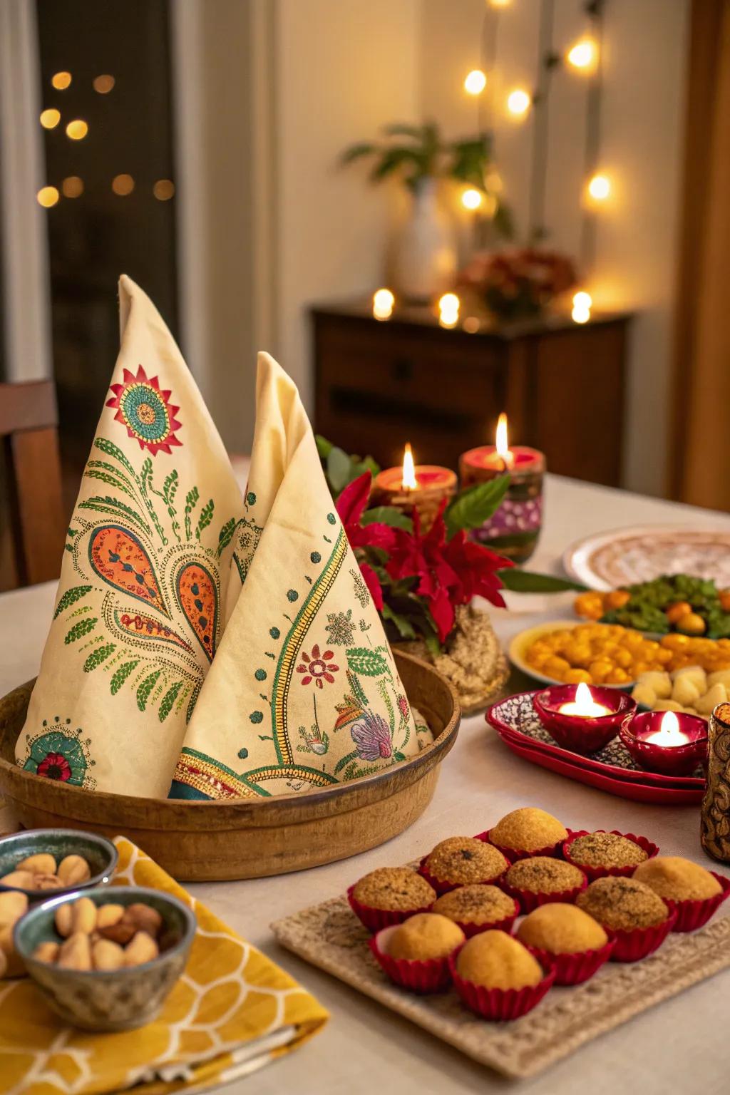 Exquisite textile folds inspired by traditional art forms append a unique element to the table.