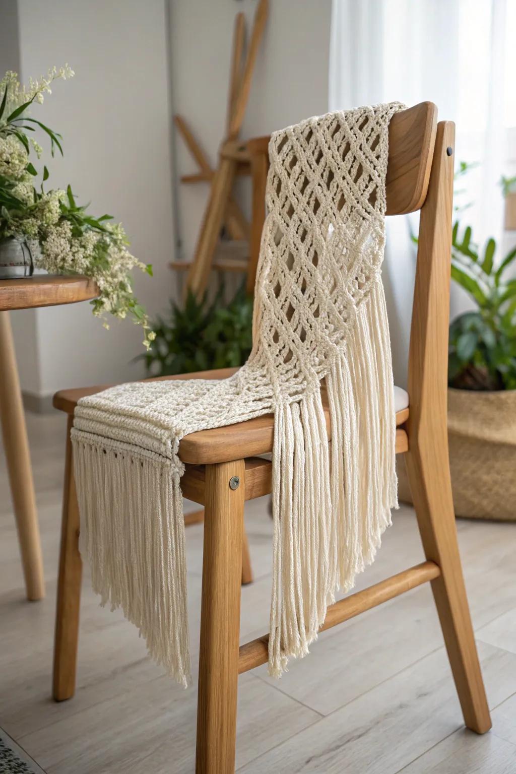Bring a touch of timeless boho elegance to your baby shower with a handcrafted macramé chair cover.