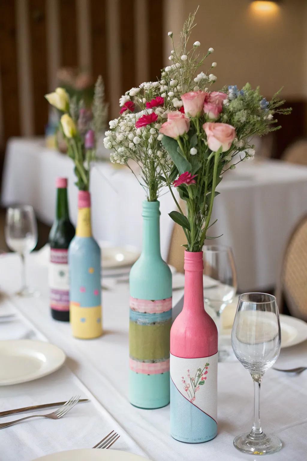 Creative and eco-friendly 'Grape Juice' Flask centerpieces.