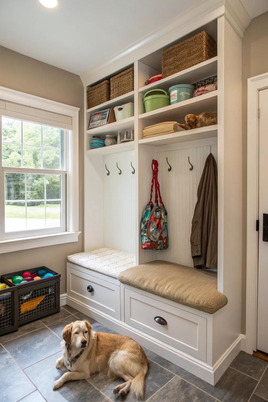 A threshold space featuring a dedicated canine niche and systematically arranged pet accessory repository.