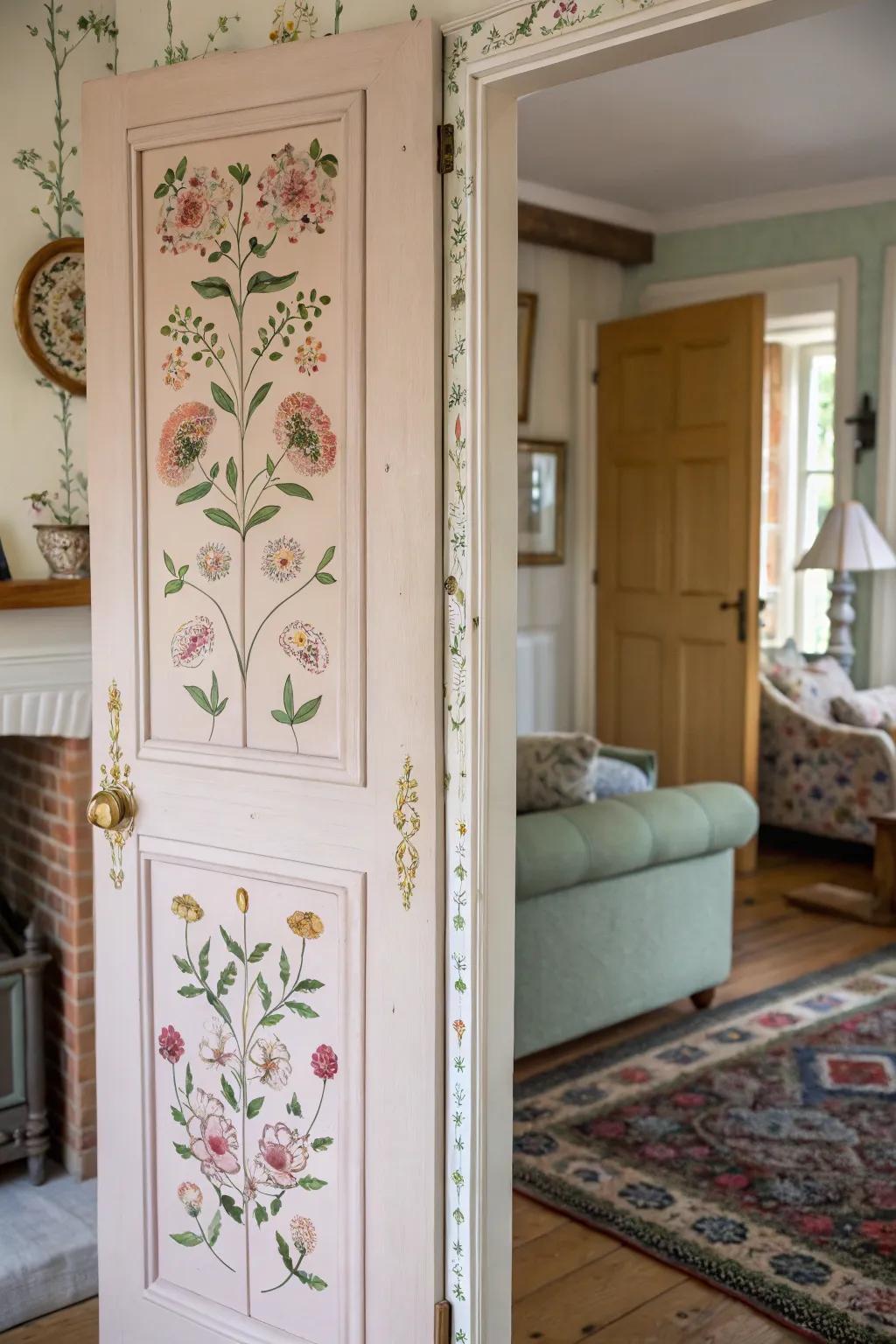 Floral designs on doors impart elegance and natural allure.