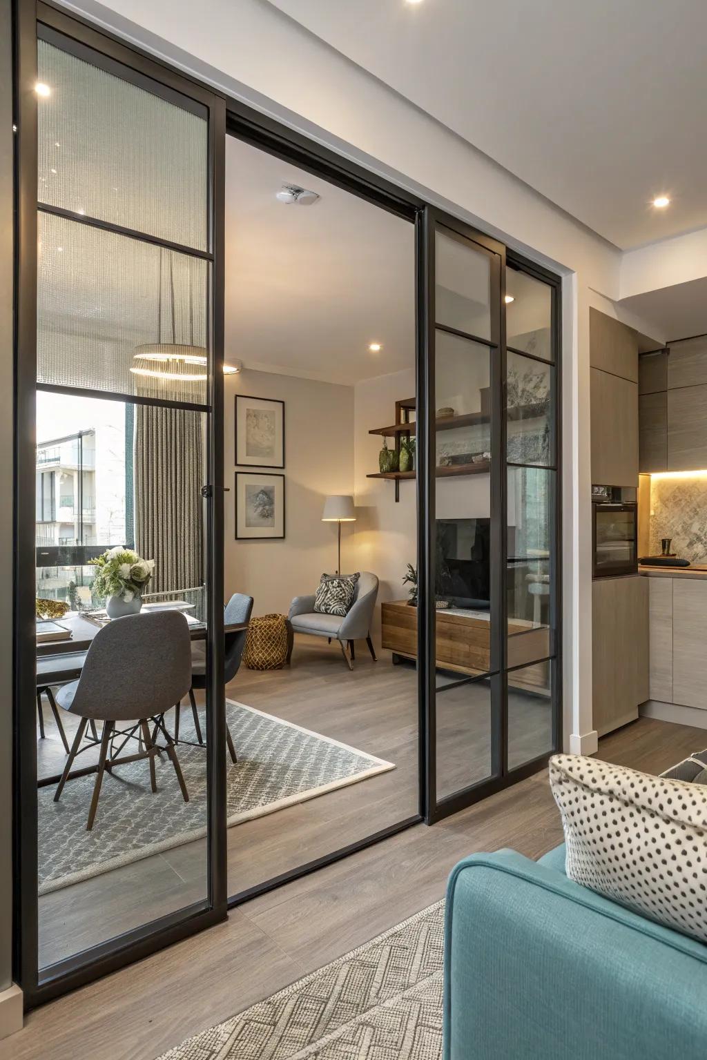 Smoked glass doors elevate the modern aesthetic of this chic studio apartment.