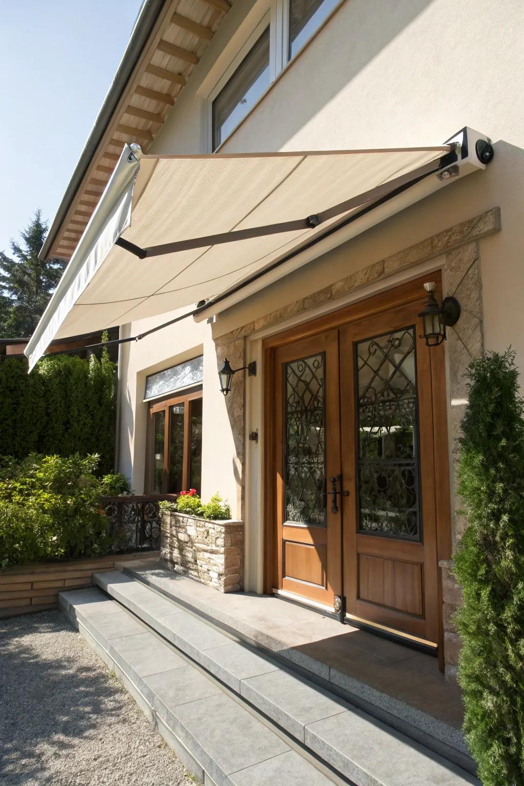 A flexible shield in action over a sunny entrance.