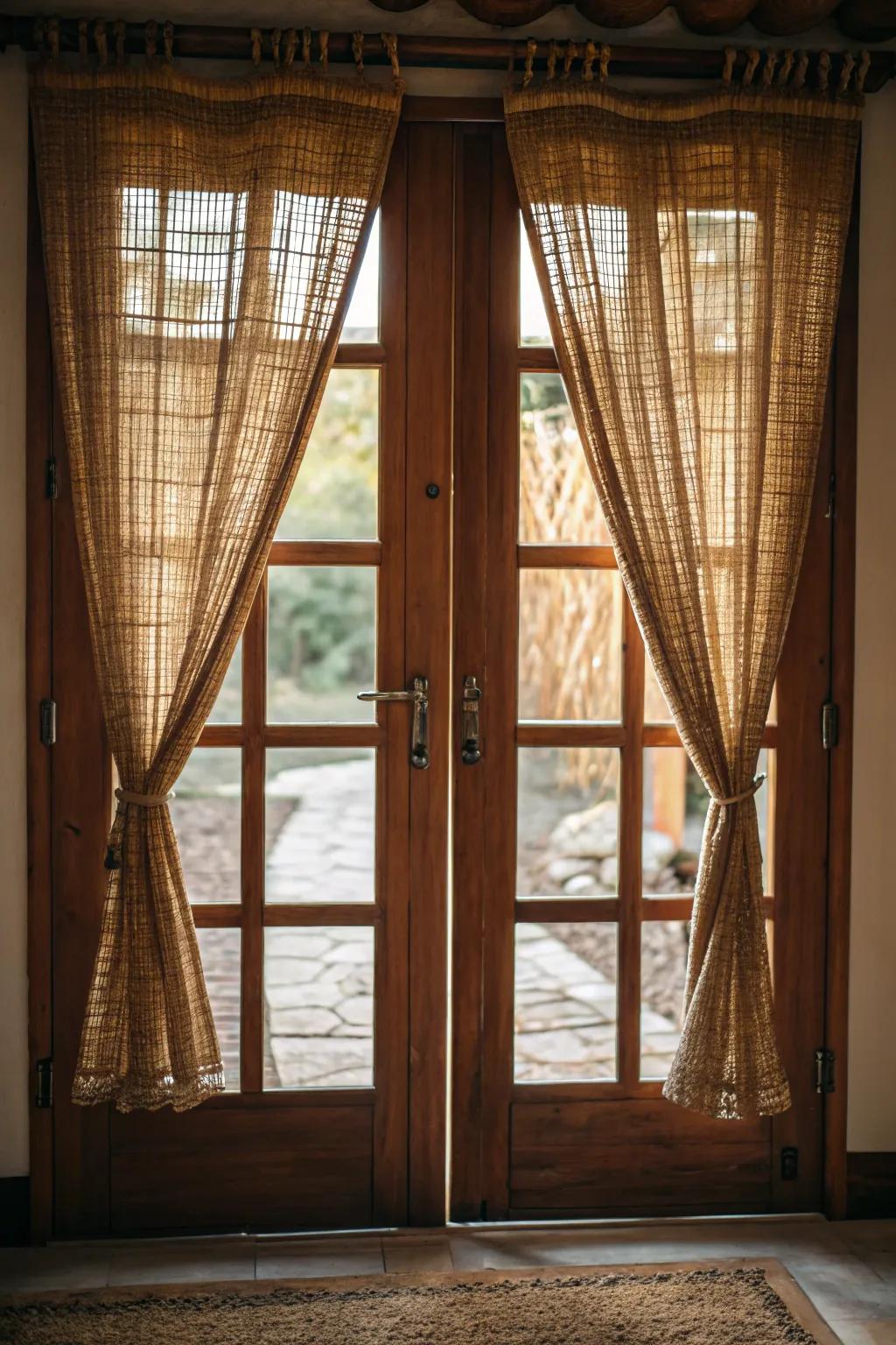 Interwoven wood drapery introduces natural splendor and privacy to door windows.