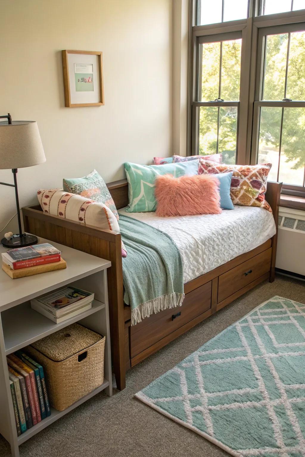 A daybed serves both as a sofa and a bed in this dorm room.