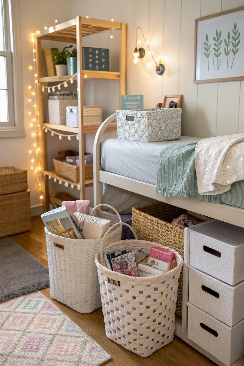 Decorative baskets offer stylish and practical storage solutions.