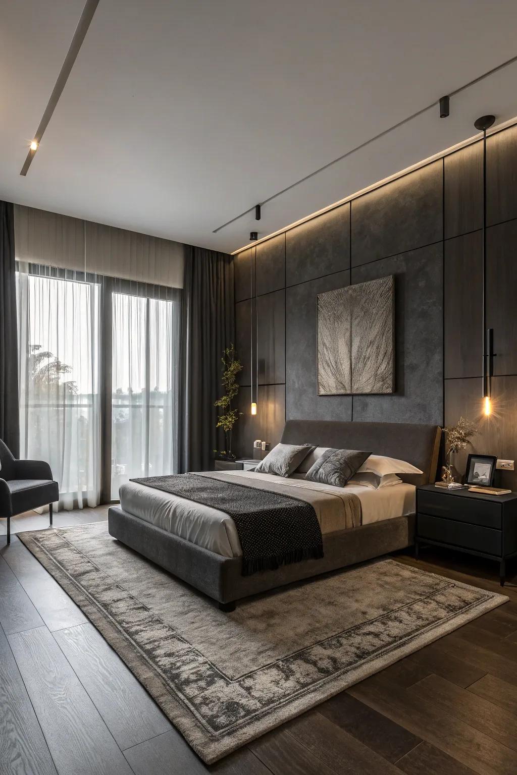 Minimal decor allows dark tones to dominate.
