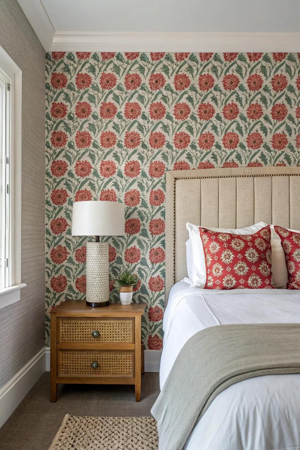 A bedroom wall adorned with bold peel-and-stick wallpaper.