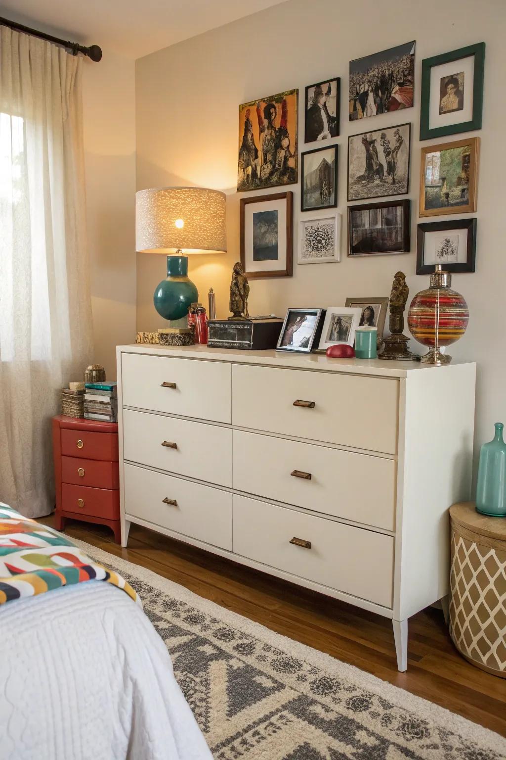 Eclectic treasures compose a unique and bohemian dresser look.