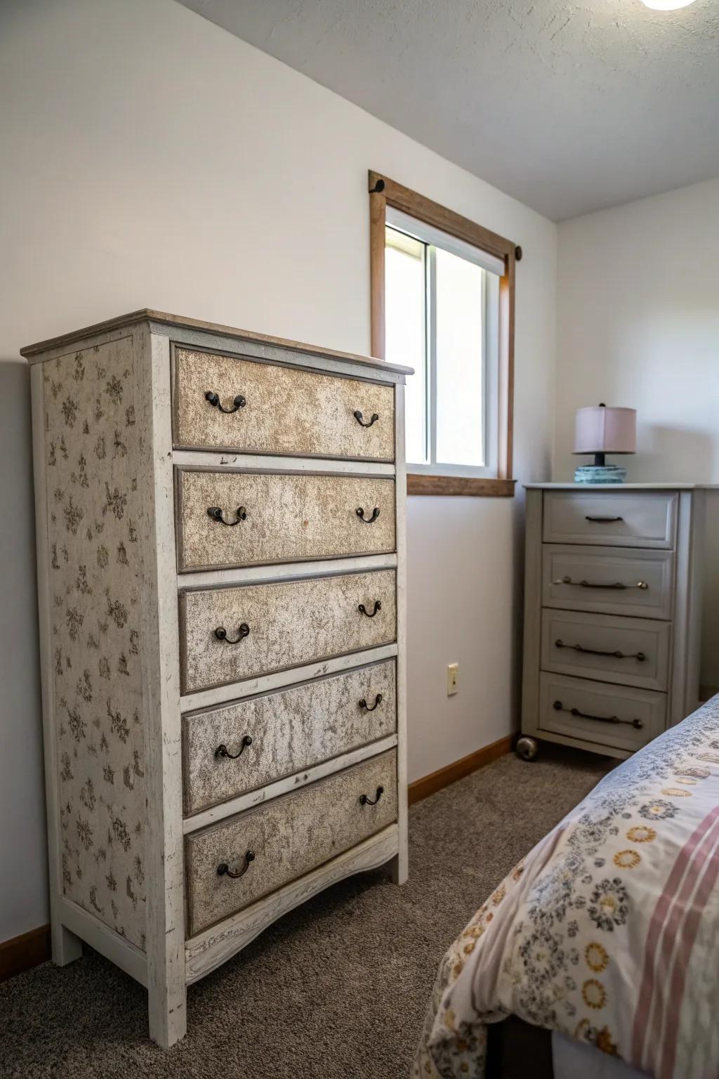 An unconventional dresser creating a bold statement in a compact space.