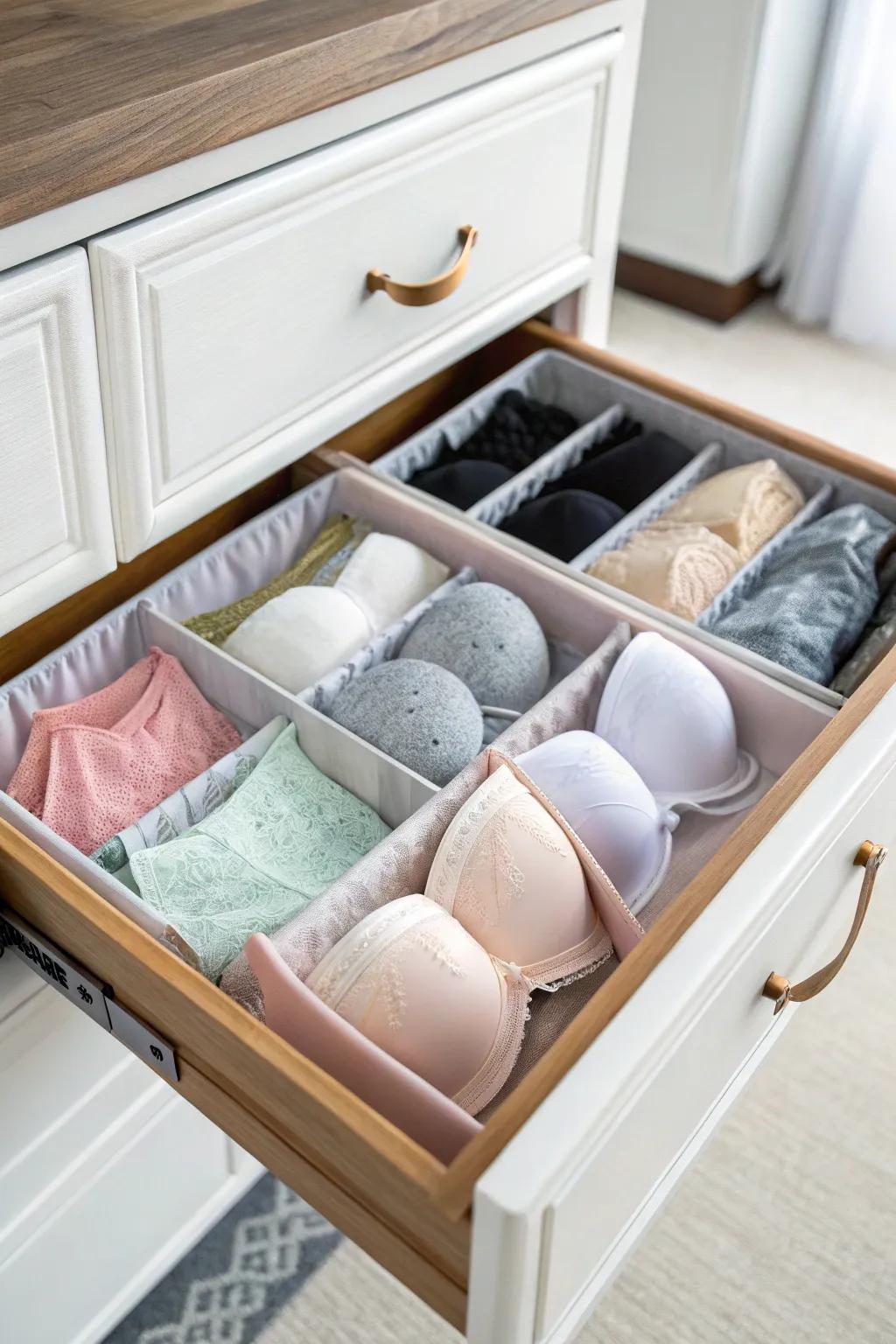 Tidy and supportive bra storage with an organizer.