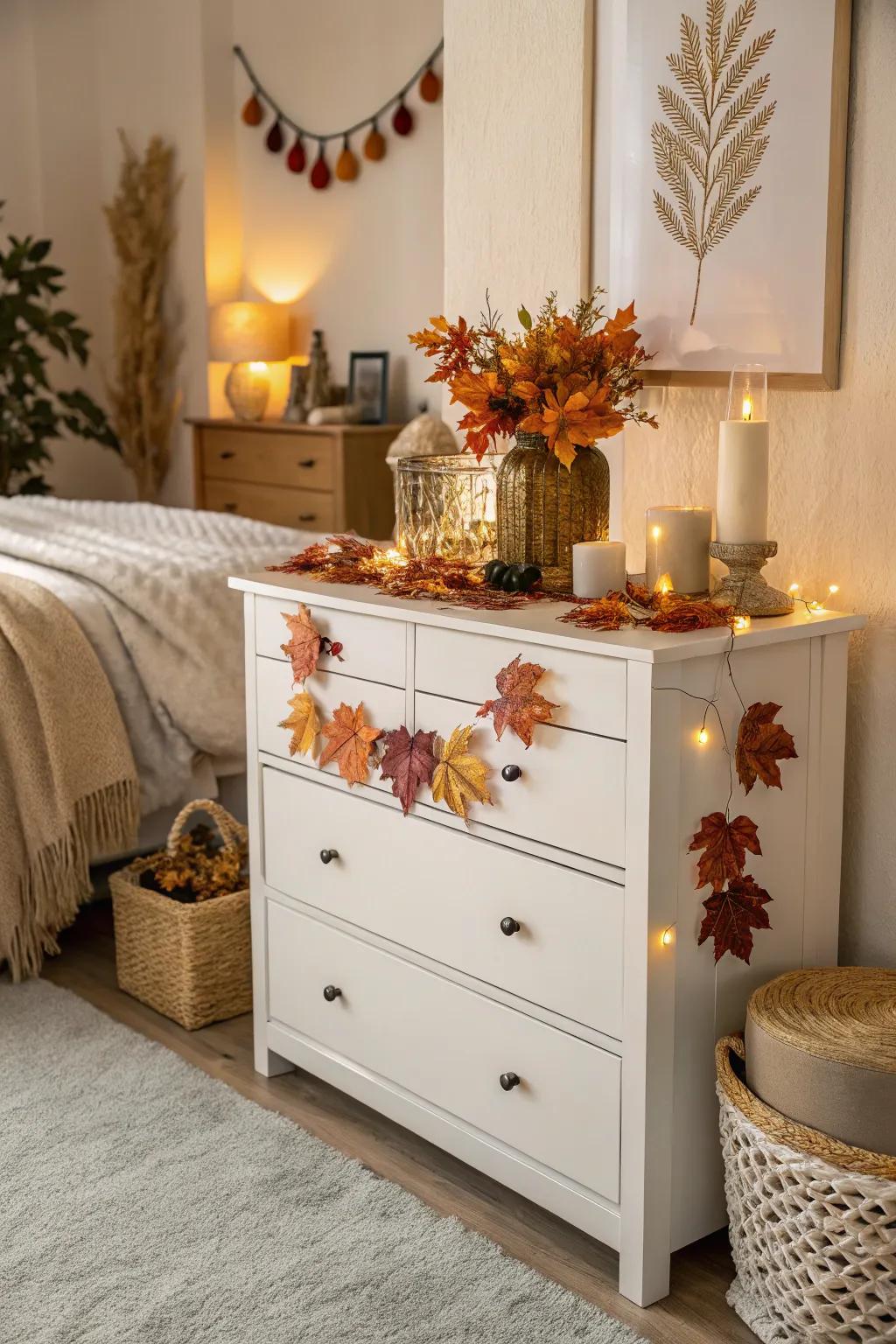 Seasonal decor sustains a perpetual freshness for your dresser.
