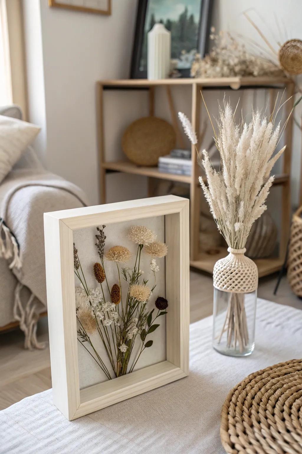 Make a daring statement through a one-color dried flower display case.