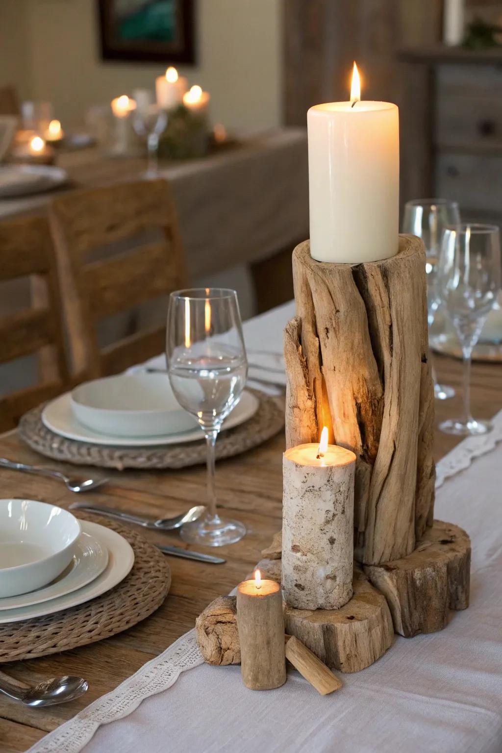 Seafaring wood candle stands offer countryside elegance.